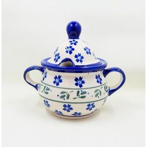 Zaklady Polish Pottery Lidded Sugar Bowl Daisy Field Aqua Floral Ivy Leaves
